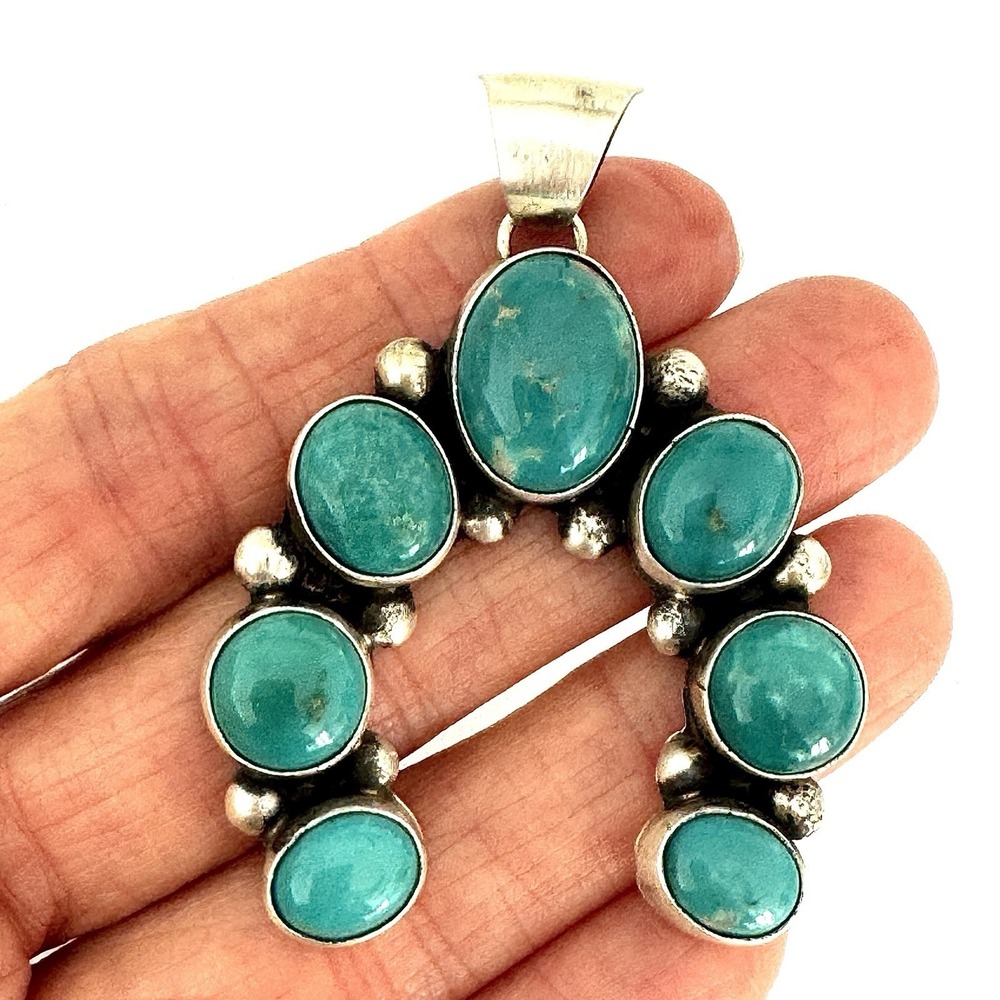 Turquoise Naja Navajo Pendant 2.25in Signed Largo Sterling Matte Squash Blossom